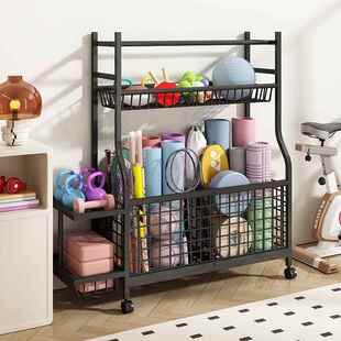 瑜伽垫收纳筐家用带轮收纳架运动用品哑铃整理架子健身器材置物架