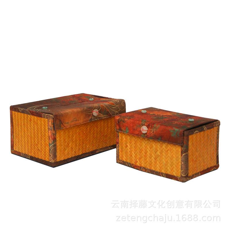 手工竹编纸巾盒缎面印花布艺抽纸盒中式茶艺茶桌摆件桌面收纳盒