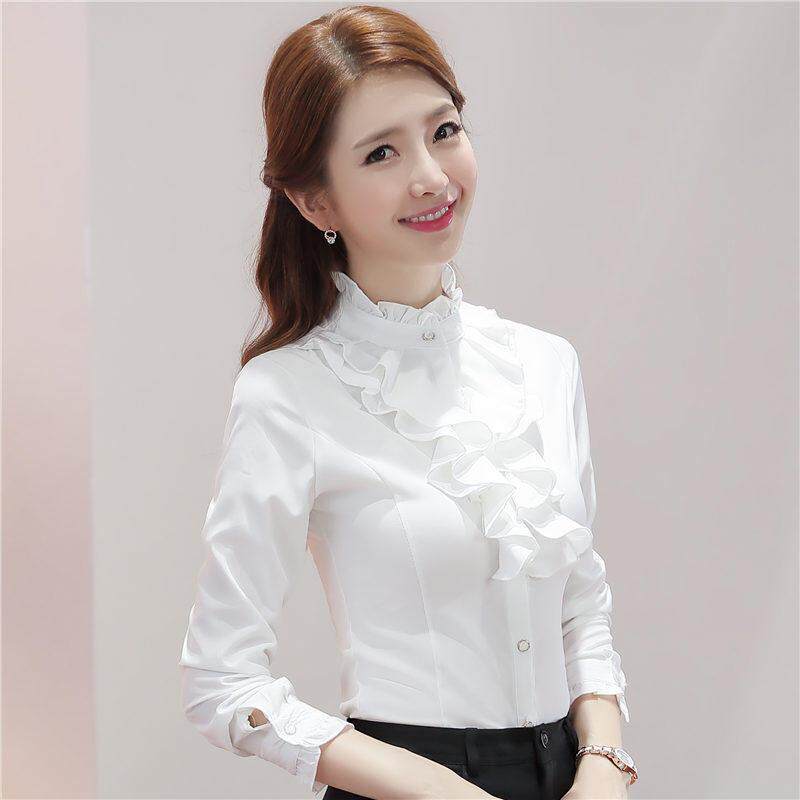 白色衬衫女设计感小众春秋百搭气质修身职业衬衫女长袖雪纺女上衣