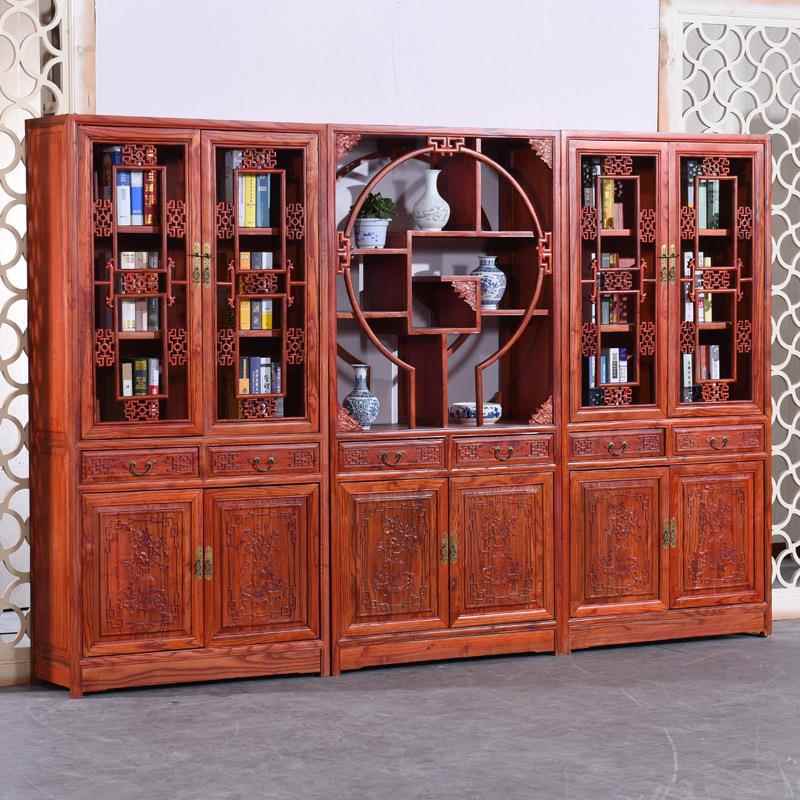 中式实木书架书柜三组合展示柜榆木古玩展示架置物架博古架
