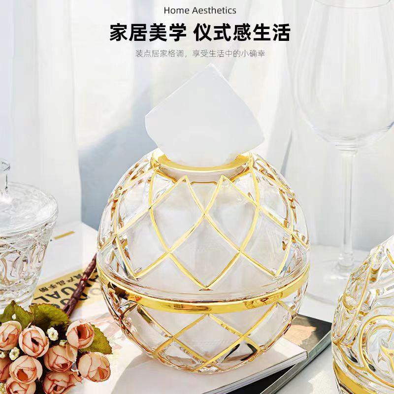 时尚奢华加厚水晶玻璃卷纸盒轻奢描金抽纸盒酒店家用桌面纸巾盒
