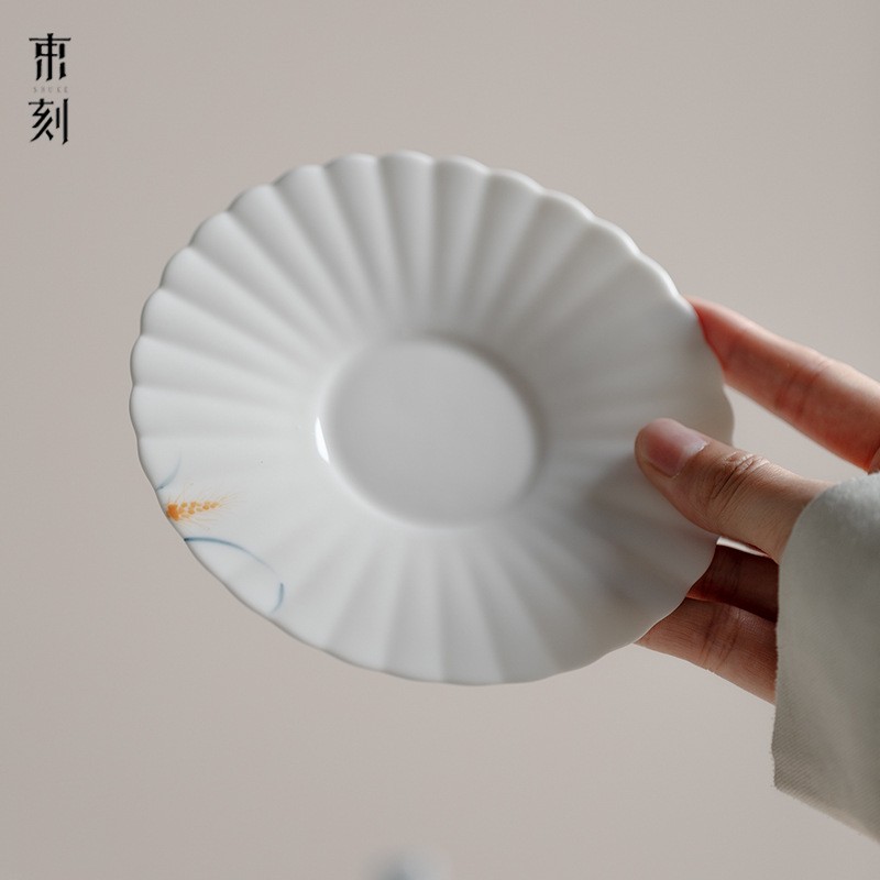 束刻 纯手绘菊瓣壶承白瓷茶点盘养壶干泡台小茶盘陶瓷盖碗托单层
