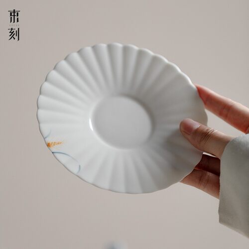 束刻 纯手绘菊瓣壶承白瓷茶点盘养壶干泡台小茶盘陶瓷盖碗托单层