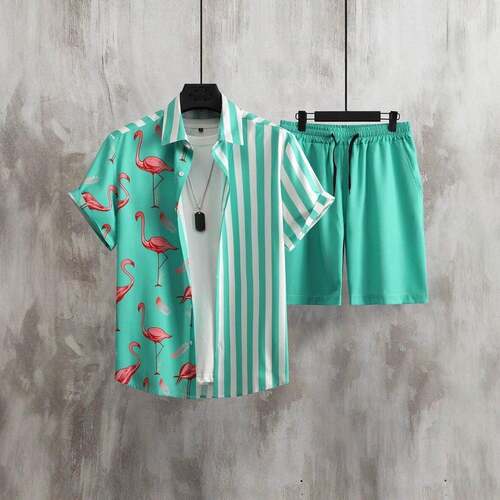 Men Tropical Print Shirt & Drawstring Waist Shorts Without