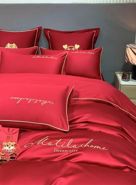 结婚床四件套婚庆红4件水洗棉红色刺绣套BPR四上件套绣花套大件厂