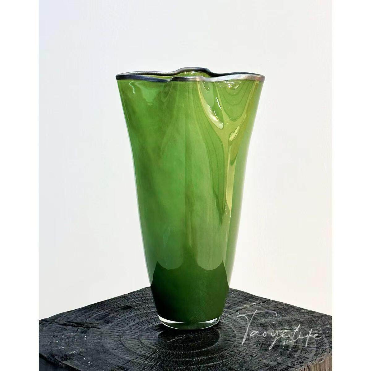 中古四叶草绿色手工琉璃白菜花瓶玄关餐桌客厅复古花器新中式摆件