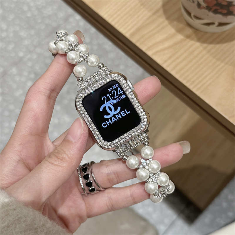 珍珠水钻调节高级苹果8手表带适用iwatchS9表带Applewatch7表链女