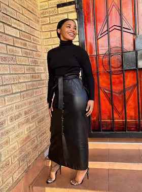 slits black leather with and mid-length belt Womens skirt