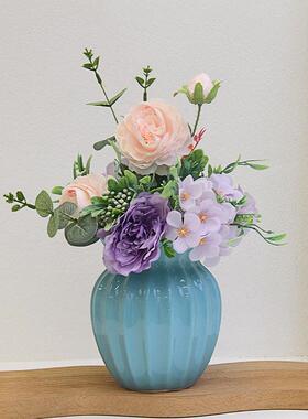 高档北餐桌欧利陶瓷花瓶蓝白色花器花插牡丹花尤加花色艺组合套装