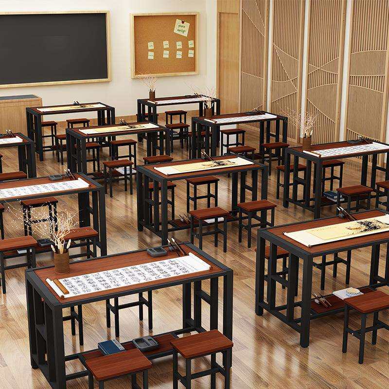 辅导班课桌椅套装培训学习桌中学生钢木桌铁艺棋盘桌绘画桌书法桌图片