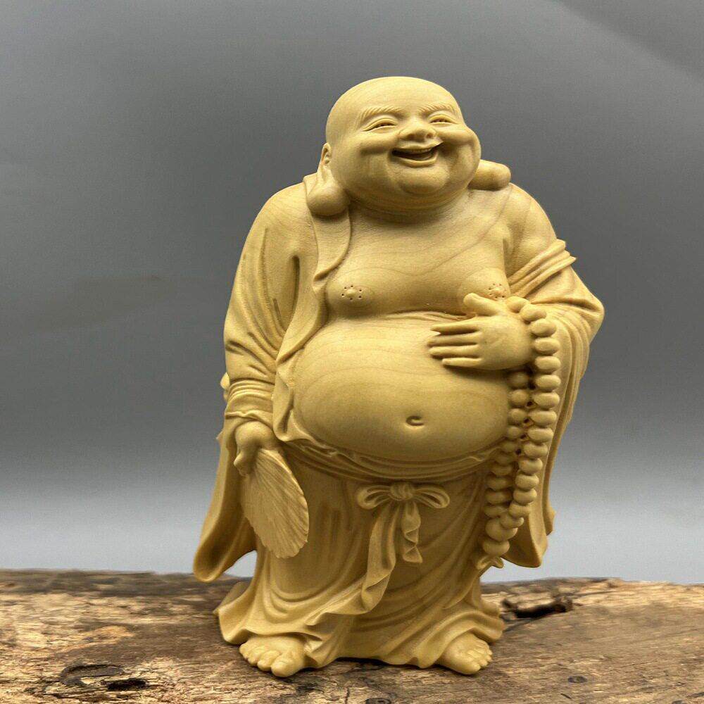 黄杨木雕家居装饰摆件拿扇弥勒佛笑佛开心大肚佛像茶宠实木手把件