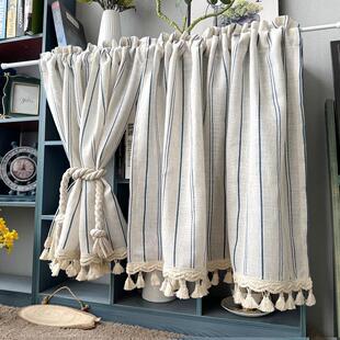 亚麻纱厨房半帘简约条纹日式整体橱柜帘门帘法式门帘遮光透光成品