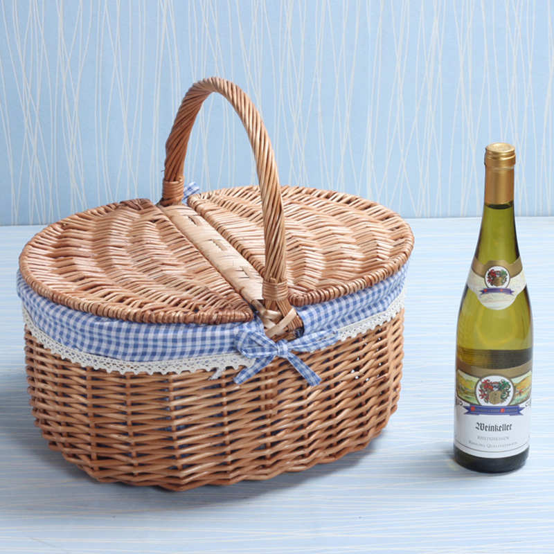 26X8非藤编藤条竹编草编，柳编田园风编织带盖野餐篮天然柳条椭圆