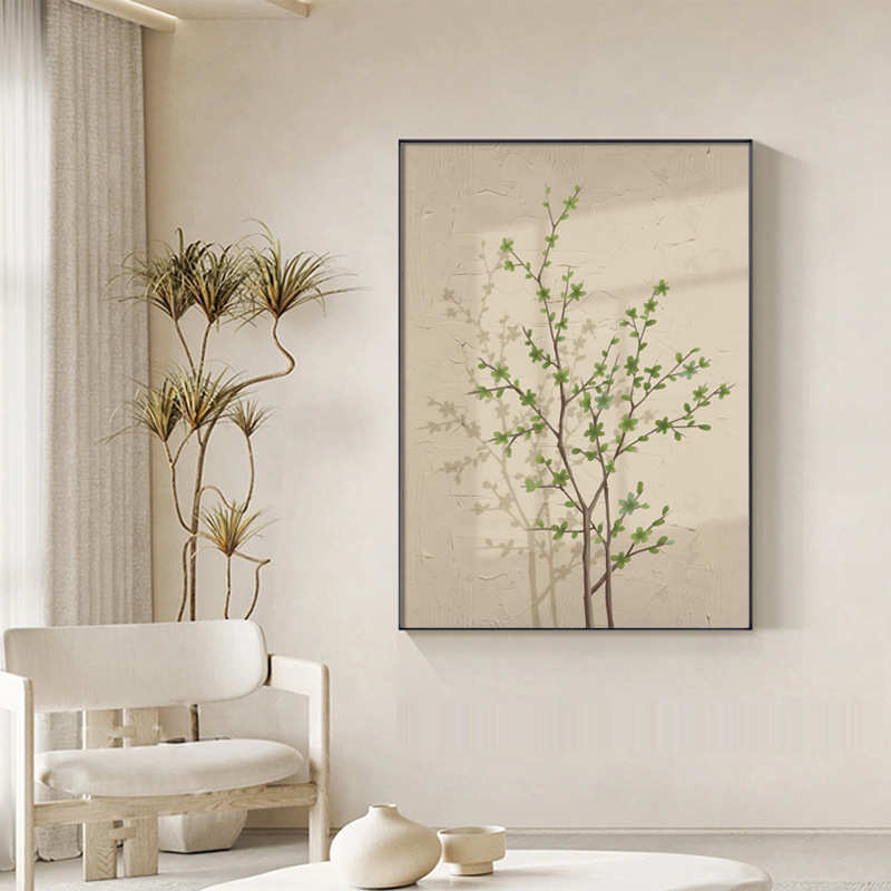 法式原木风客厅装饰画现代简约光影绿植玄关挂画沙发背景墙壁画