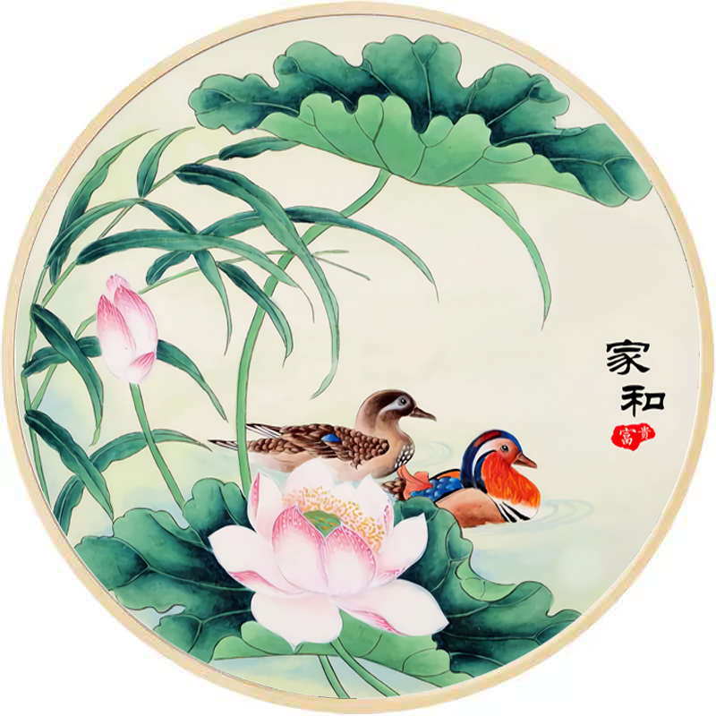沙发图客厅卧室中式现代简约九圆形荷花新装饰画禅意鸳鸯画鱼背景图片