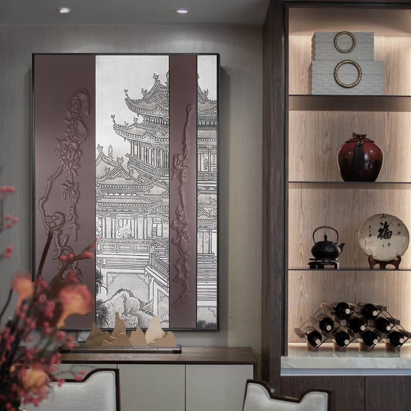 新中式皮雕实物画入门玄关装饰画3d立体走廊尽头挂画过道建筑竖版