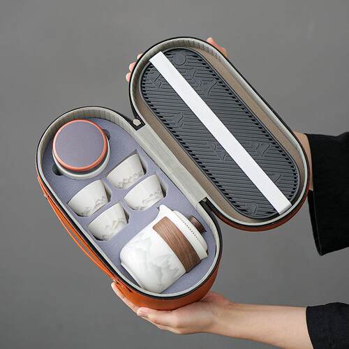 水墨羊脂玉瓷快客杯功夫旅行茶具小套装户外露营喝茶装备带可携式