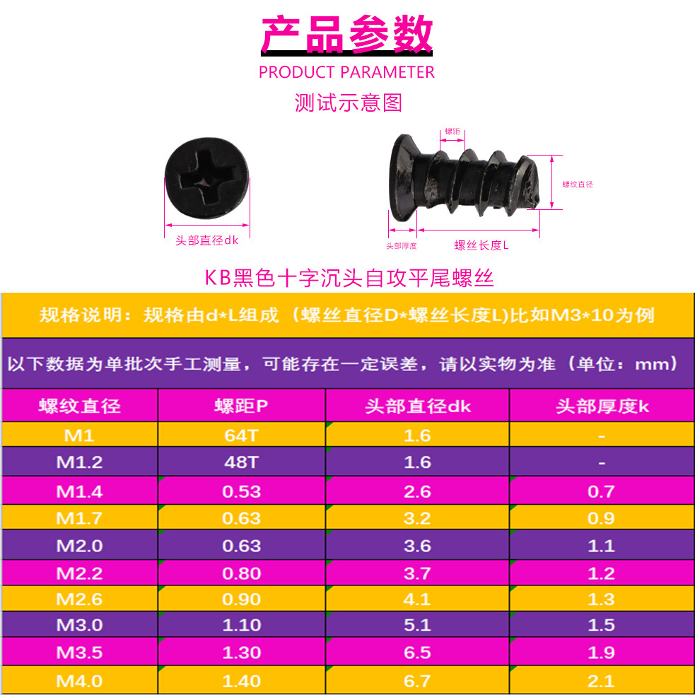 KB黑自镍十字沉头攻平尾4螺丝4.8TWV级十字槽平头自螺攻钉M1M2M3M