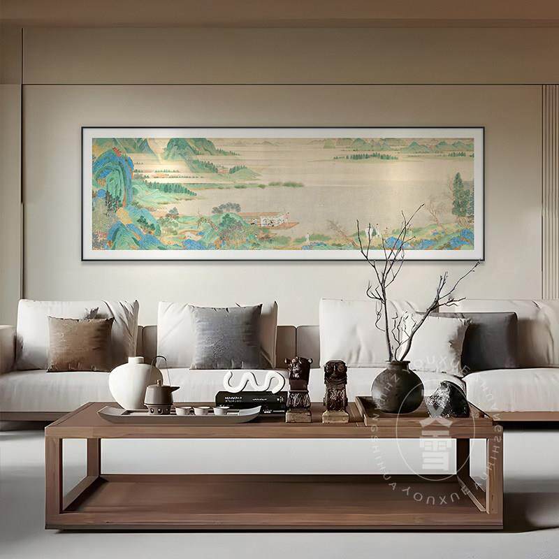 新中式客厅装饰画茶室背景墙挂画书房古典国画横幅壁画山水画挂画