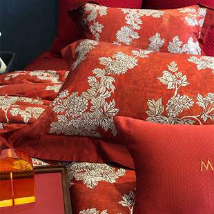 高支 古典大气S100全棉四件高端纯棉婚礼床红高级感奢 棉印花欧式