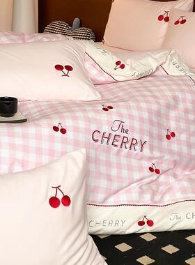 秋冬少女心全棉磨毛四件套樱桃刺绣加厚纯棉被套床单床上用品蓝色