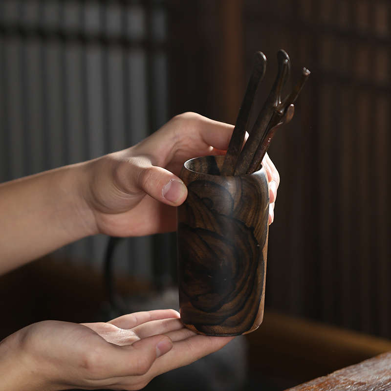 手工黑柿木实木茶筒一体挖制茶道六君子配件收纳笔筒茶桶复古单个