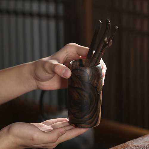 手工黑柿木实木茶筒一体挖制茶道六君子配件收纳笔筒茶桶复古单个