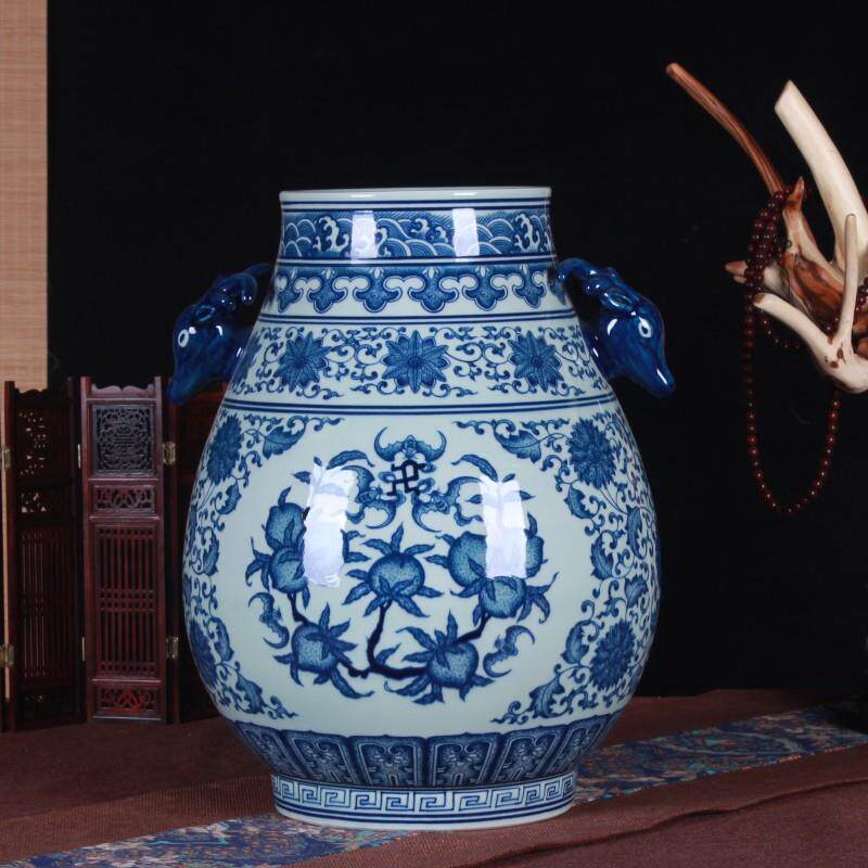 景德镇工艺品摆件中式仿古瓷器 家居摆设古典手绘青花瓷福筒鹿尊