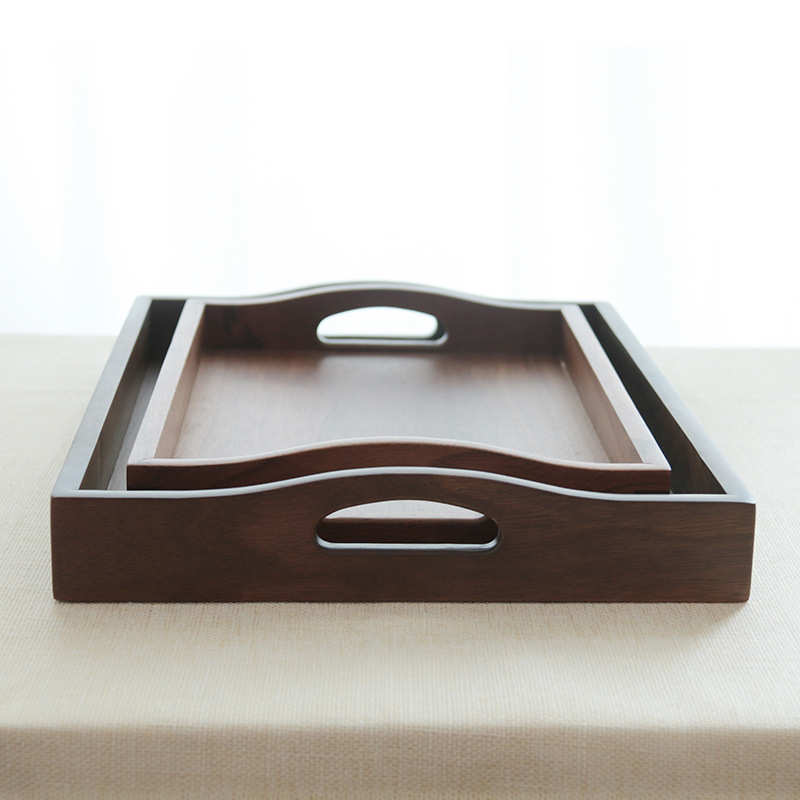日式黑胡桃木带提手托盘长方形放水杯点心木餐具木制茶具茶盘批发