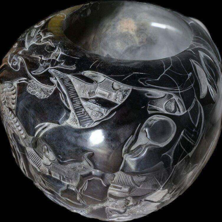定制墨玉青石缸手工刀刻纯手雕山水画整料水墨磨光石玩大墨石盆石