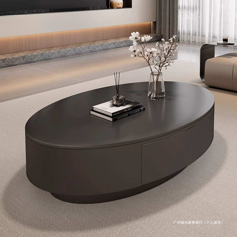 意式轻奢黑色椭圆形岩板茶几桌客厅家用小户型现代简约高级感组合
