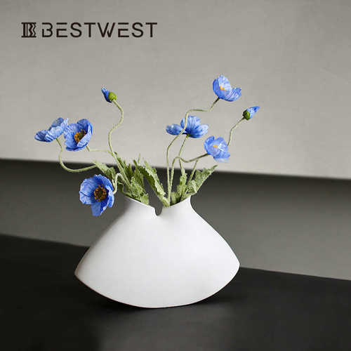 Best west 双孔银色扇形不规则陶瓷花瓶摆件家居样板间装饰花器