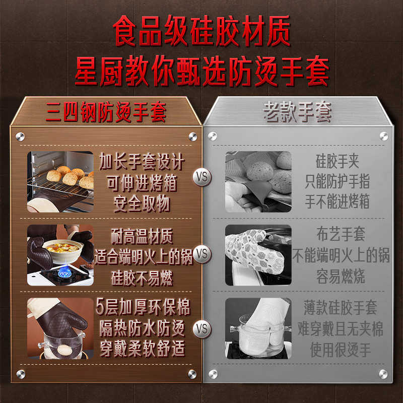 三四钢 隔热加厚防水家用耐高温烤箱微波炉烘焙防烫厨房硅胶手套,居家日用,防护手套,淘宝优惠券,粉丝福利购,淘宝优惠卷