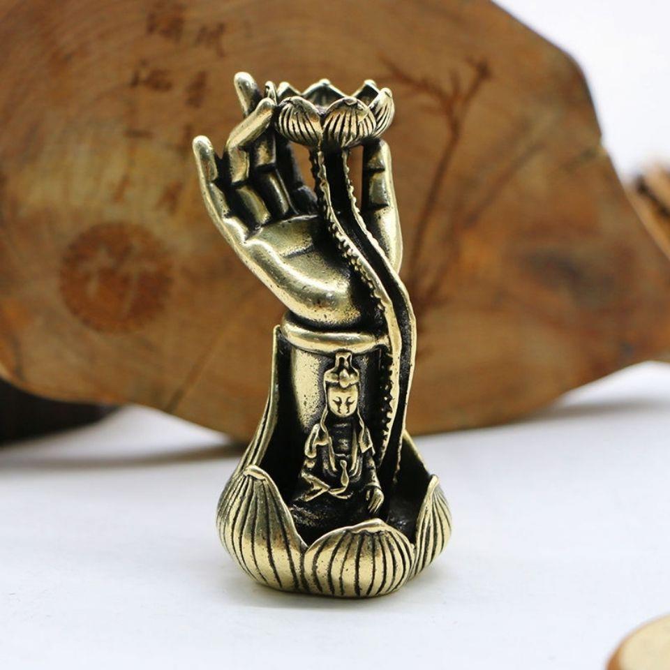 纯黄铜实心倒流香薰炉佛手莲花香架香托小摆件茶台创意仿古小铜器