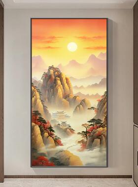 泰山日出玄关画山水风景客厅走廊过道挂画竖版日照金山壁画靠山图