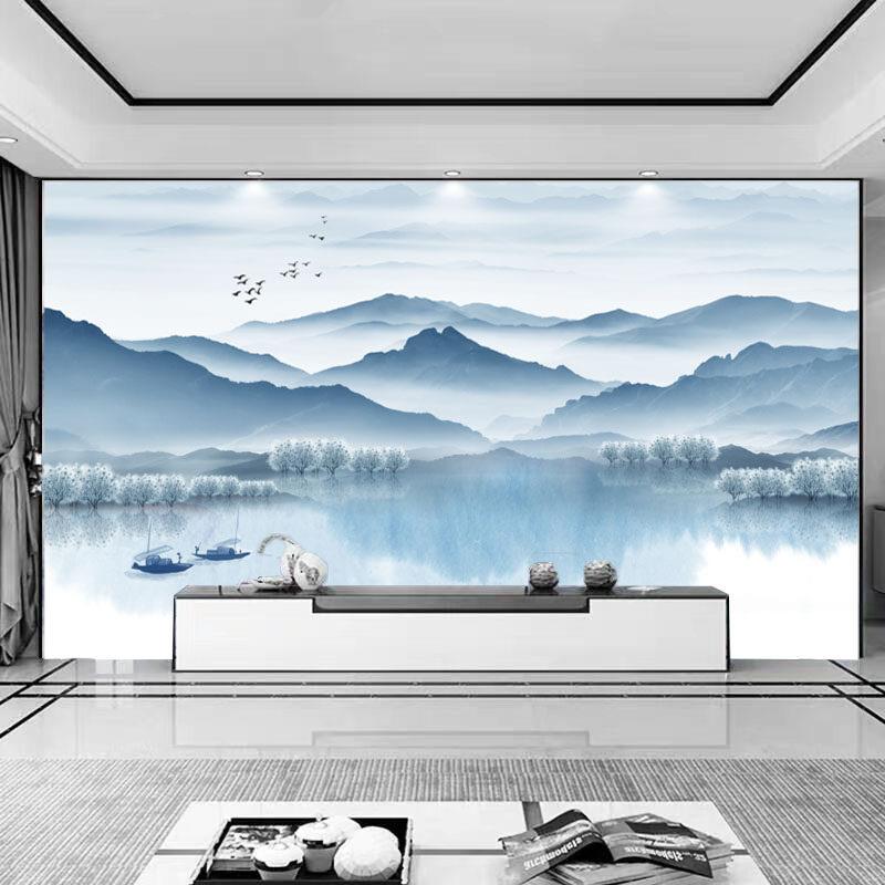 新中式山水画 画壁纸电视背景墙壁纸简约现代客厅墙布3D沙发定制