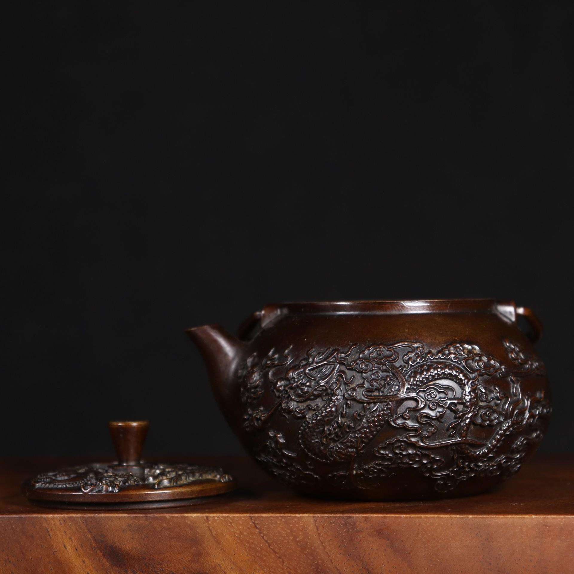 仿古龙风酒壶壶铜酒壶 古玩铜器收藏铜摆件 家居装饰工艺品