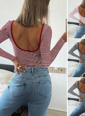 Top women's striped backless long sleeved T-shirt