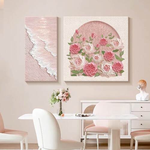 奶油风餐厅装饰画简约肌理感花卉主卧室床头挂画抽象海浪房间壁画