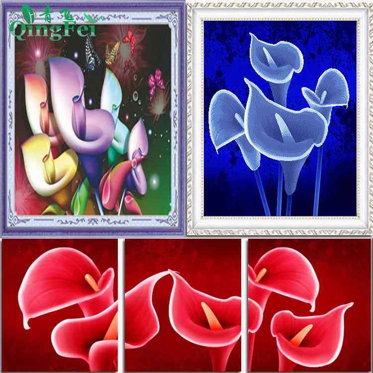 青飞5D梦幻红色马蹄莲十字绣三联画蓝色马蹄莲走廊玄关客厅