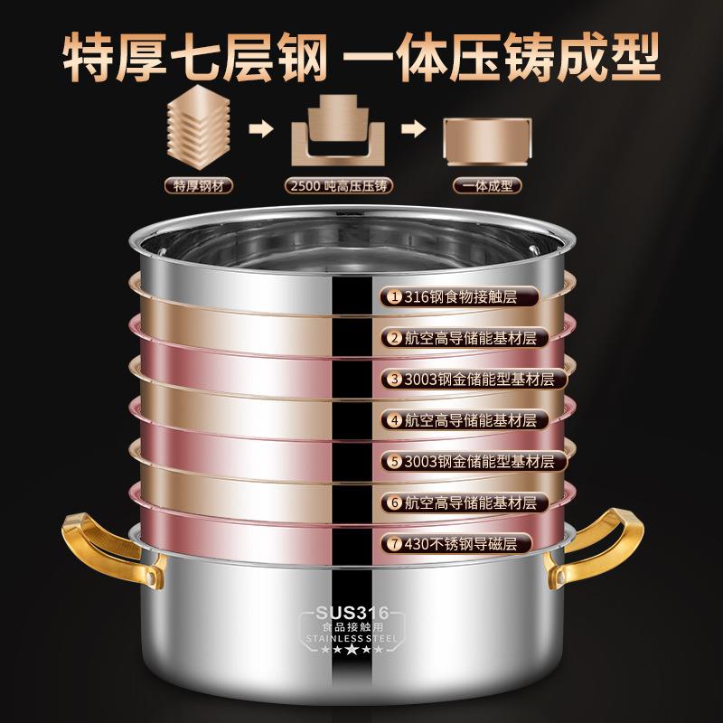 聚利316L不锈钢特厚复合多层底清蒸汤锅商用大容量直角蒸煮煲电磁