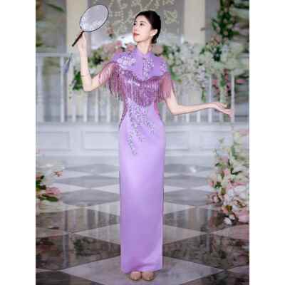高档江南舞春天年紫凤凰高端刺长绣版台走秀旗袍2025新款新中式演
