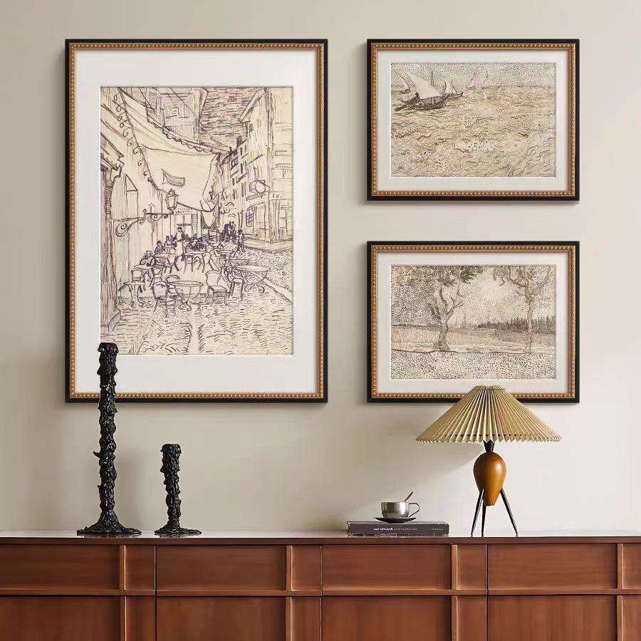 梵高素描风景画组合画法式复古艺术客厅装饰画中古风玄关斗柜挂画