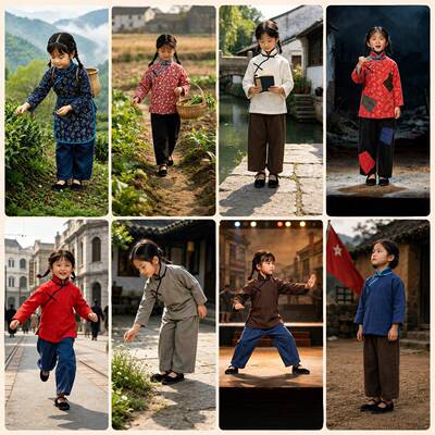 村姑服装儿童农村花衣服乡村风女孩福妮儿演出服农民补丁民国女童