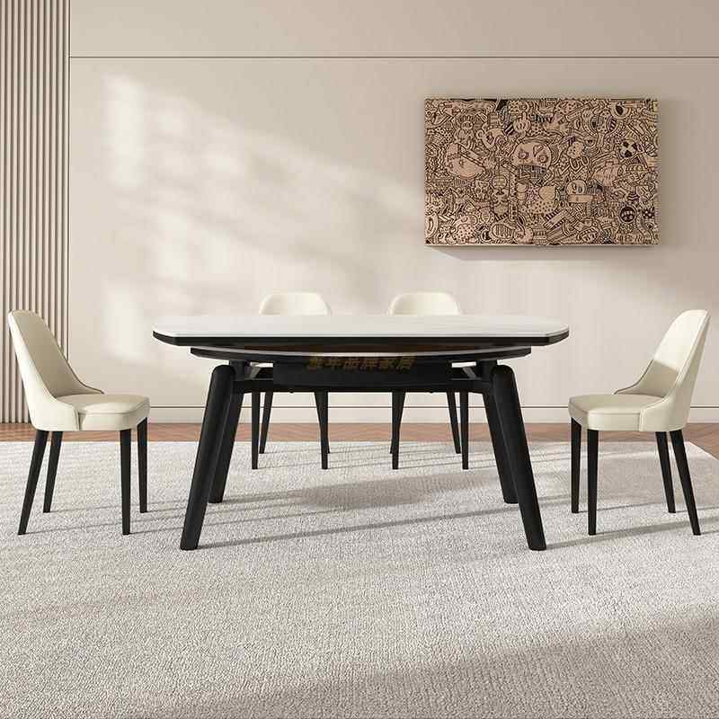 伸缩实木岩板餐桌可变圆桌小户型家用客厅现代简约方圆两用抽拉桌