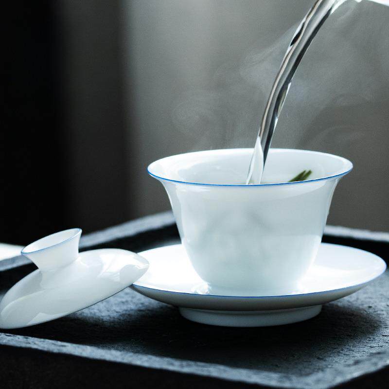 蓝边薄胎玉泥三才盖碗 清透观汤茶具甜白瓷敬茶碗盖杯家用