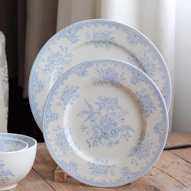 覆古蓝系牡丹花釉下彩餐盘高温陶瓷甜品盘 西餐盘水果盘 家用盘子