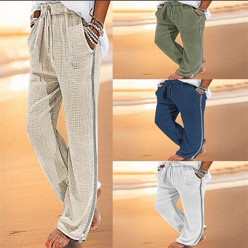 Men's cotton and linen drawstring zipper pants