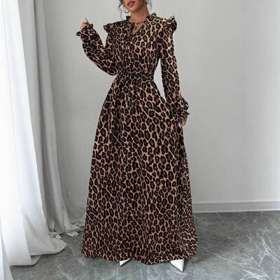 Leopard Print Long Dress High Waist A-Line Sleeve Design