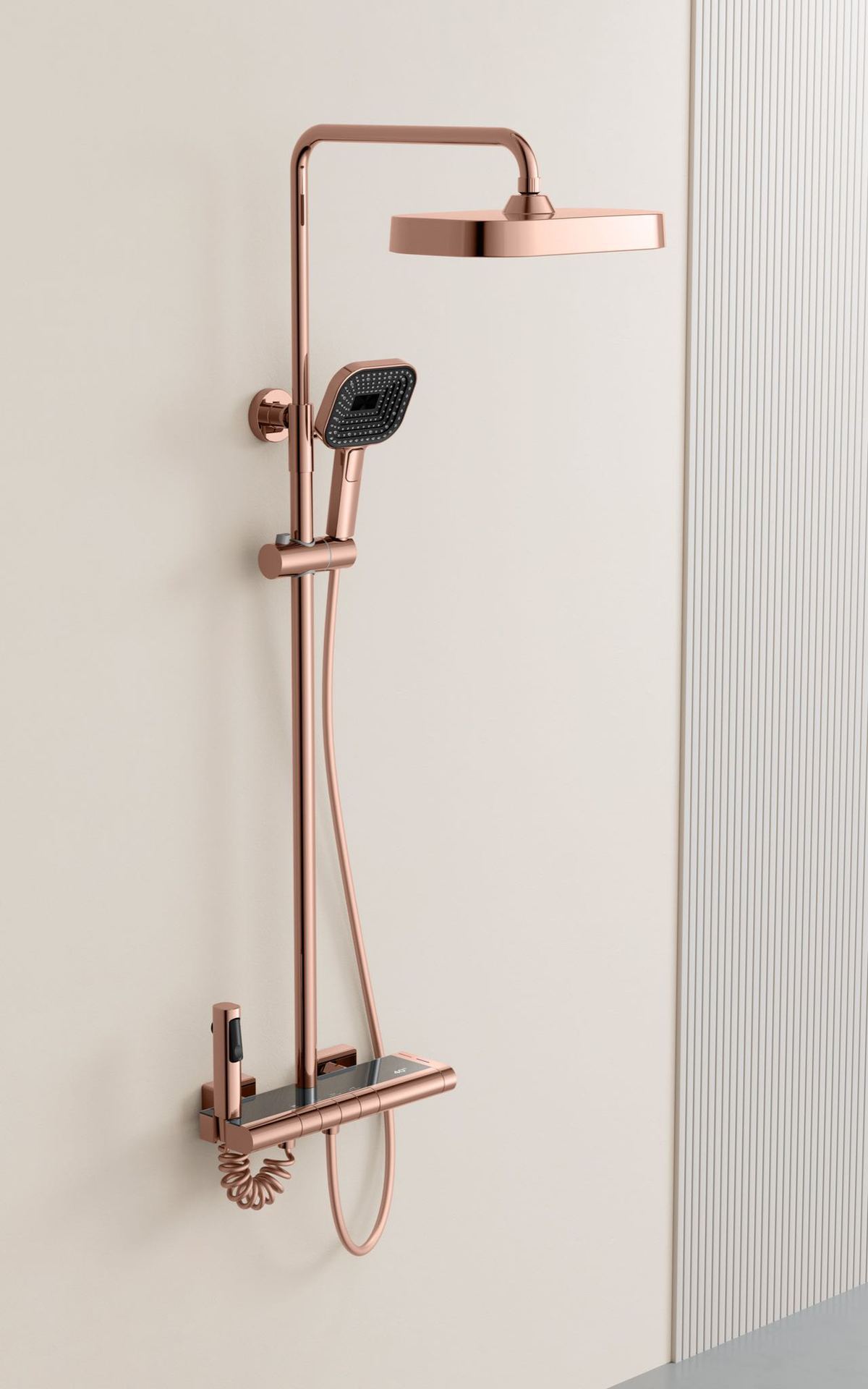 6纯铜玫瑰金淋浴智能花洒四档喷枪混水阀瀑布出水置物台升降淋浴